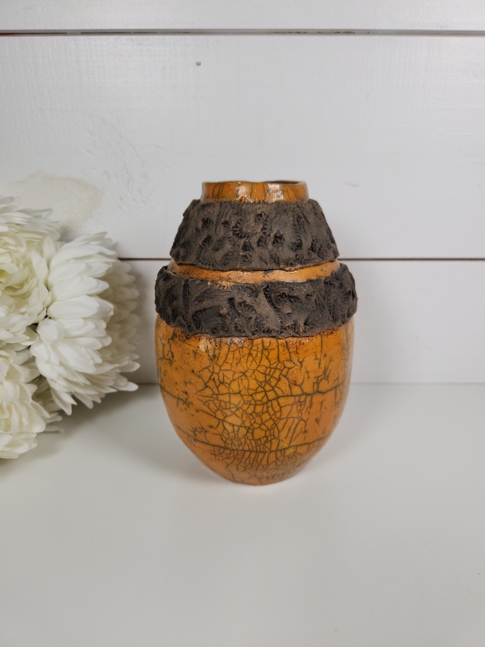 Vintage '74 Crazed Raku Vase 7" | Earthy Orange Stoneware Vessel | Organic Home
